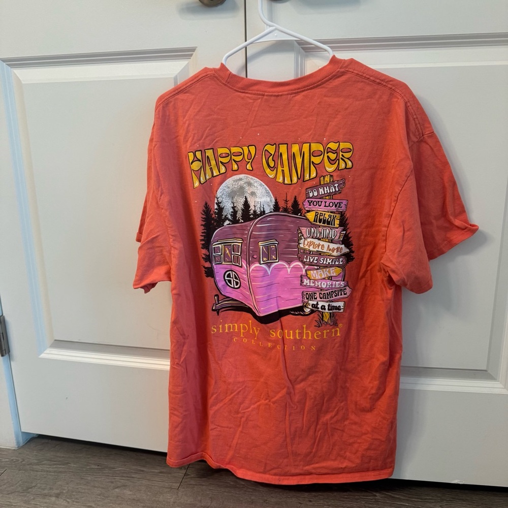 Orange Simply Southern Happy Camper coral pink short sleeve tee shirt XL